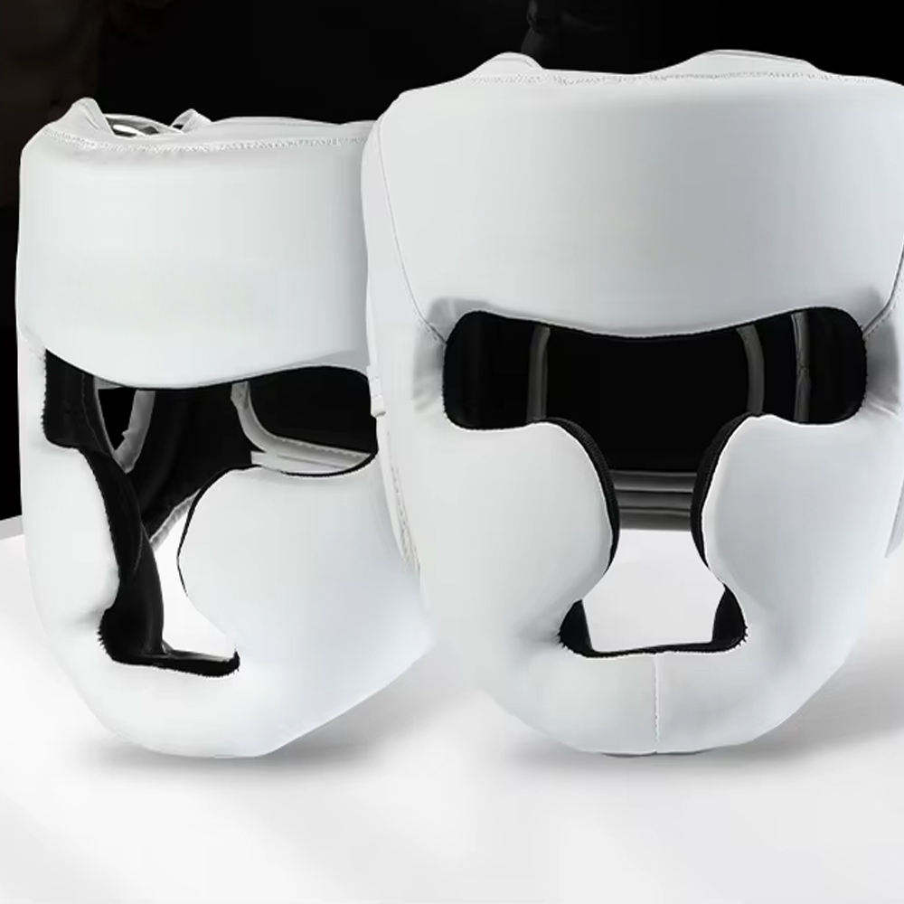 White Full Face Boxing Head Guard with Cheek & Chin Protection – Sparring Headgear