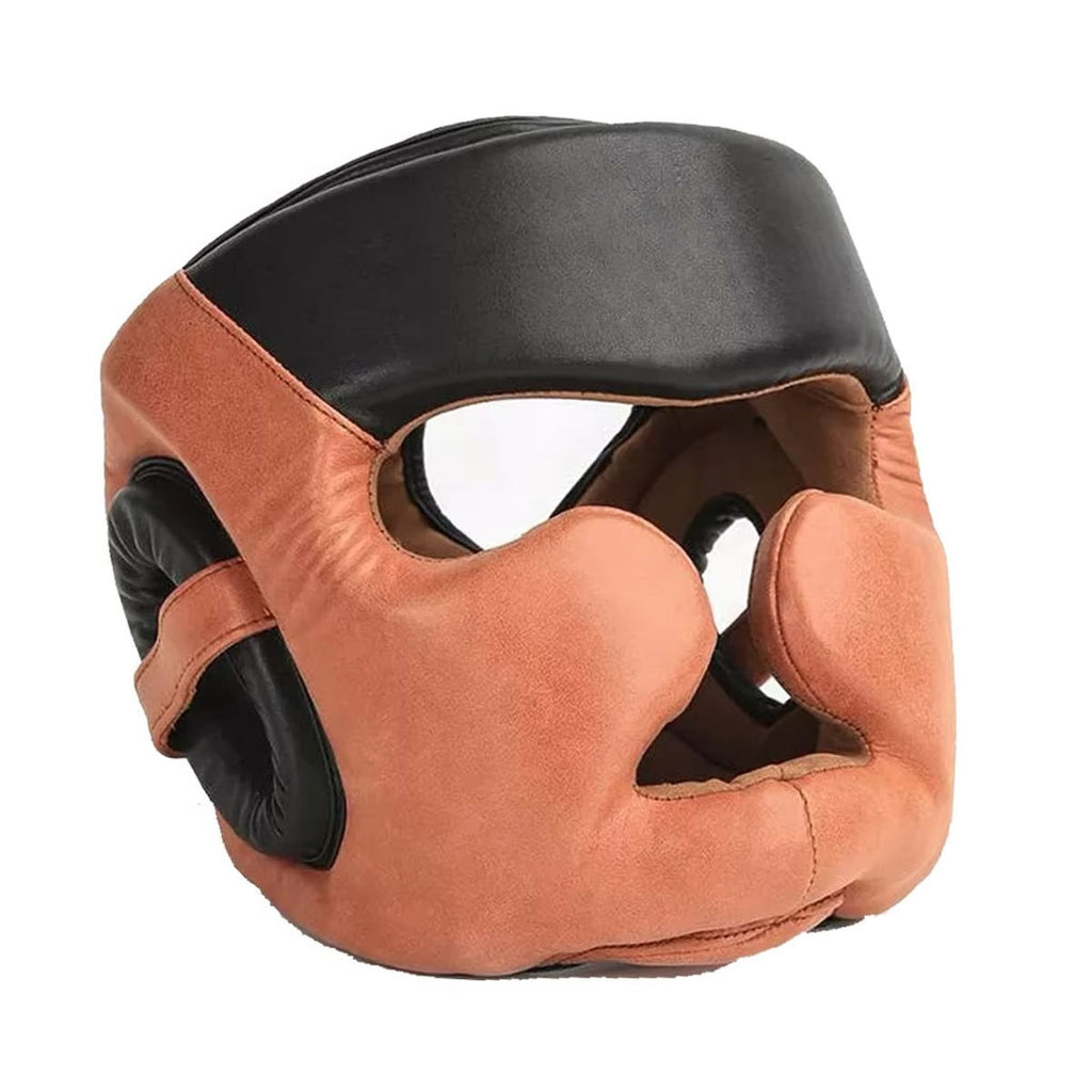 Brown & Black Full Face Boxing Head Guard – Nose, Cheek & Chin Protection