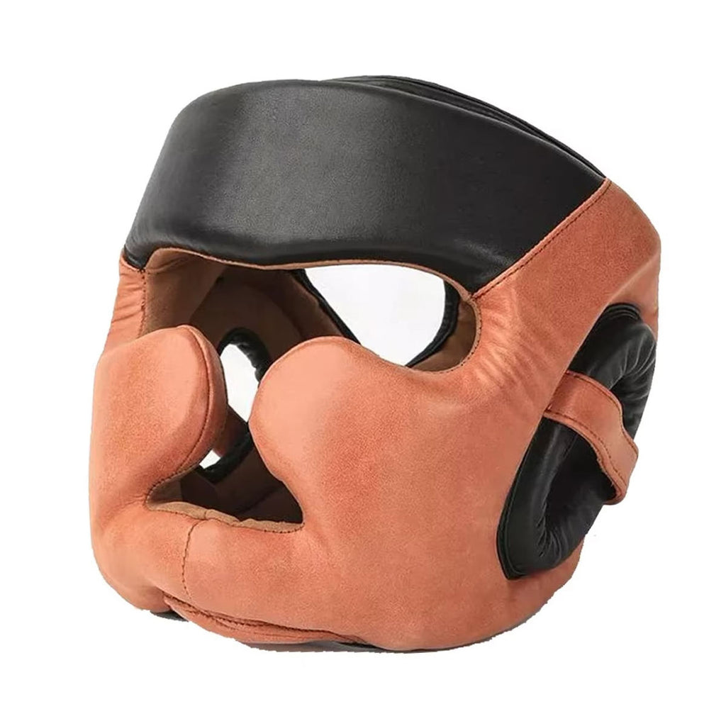 Brown & Black Full Face Boxing Head Guard – Nose, Cheek & Chin Protection