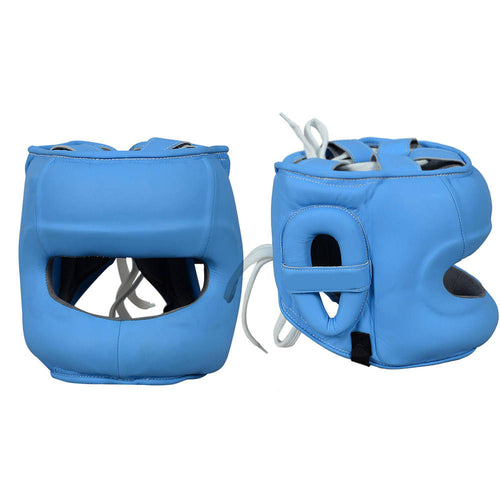 Blue Open Face Boxing Head Guard with Ear Protection – Lace-Up Sparring Headgear