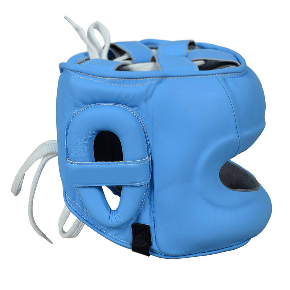 Blue Open Face Boxing Head Guard with Ear Protection – Lace-Up Sparring Headgear